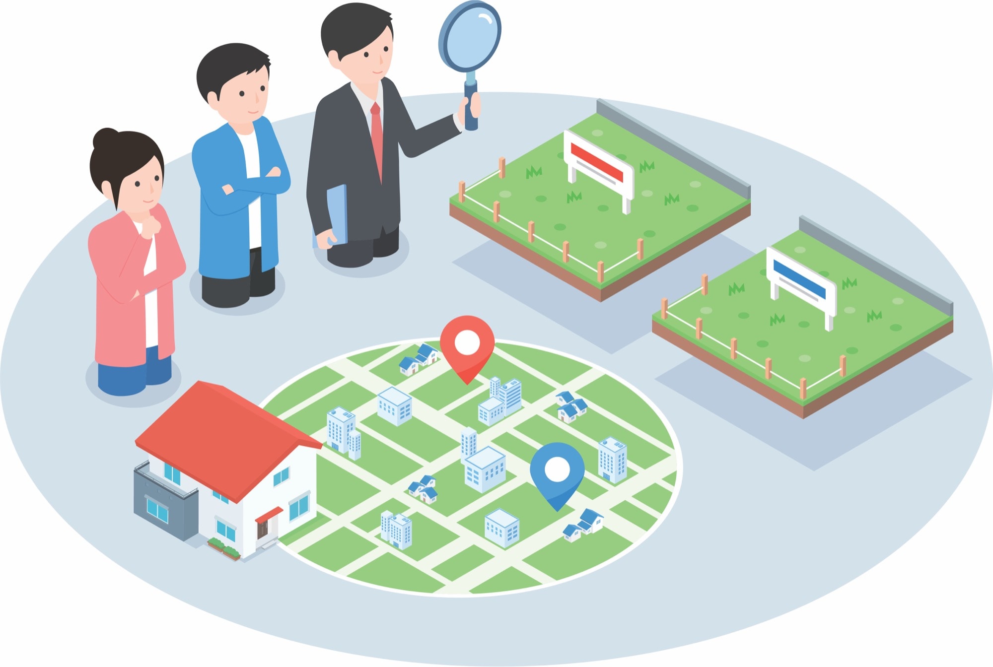 家を建てるのに最適な土地を専門家と一緒に探している夫婦のイラスト